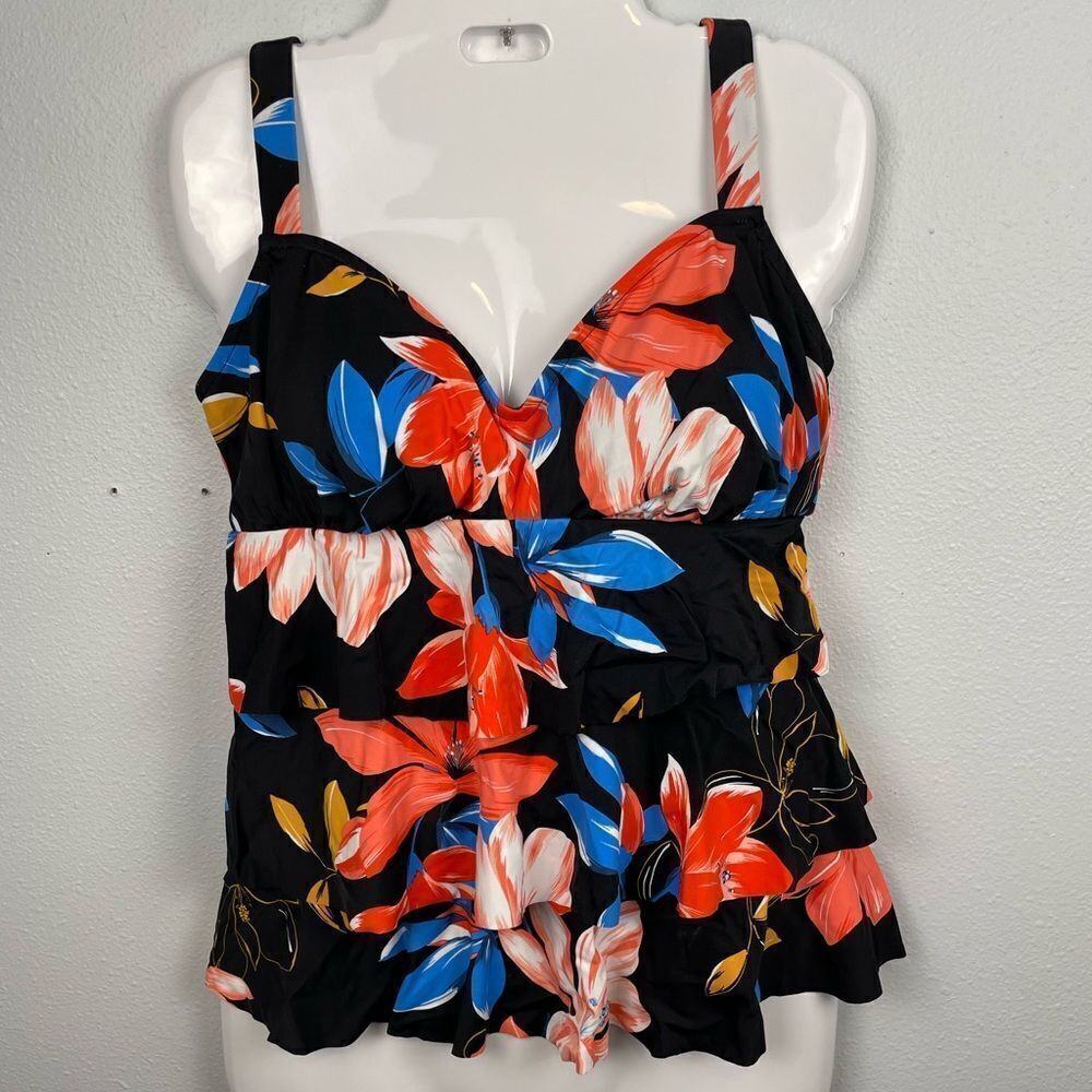 NWT Swim Solutions Floral Tripe Tier Tankini Size 10 D Cup